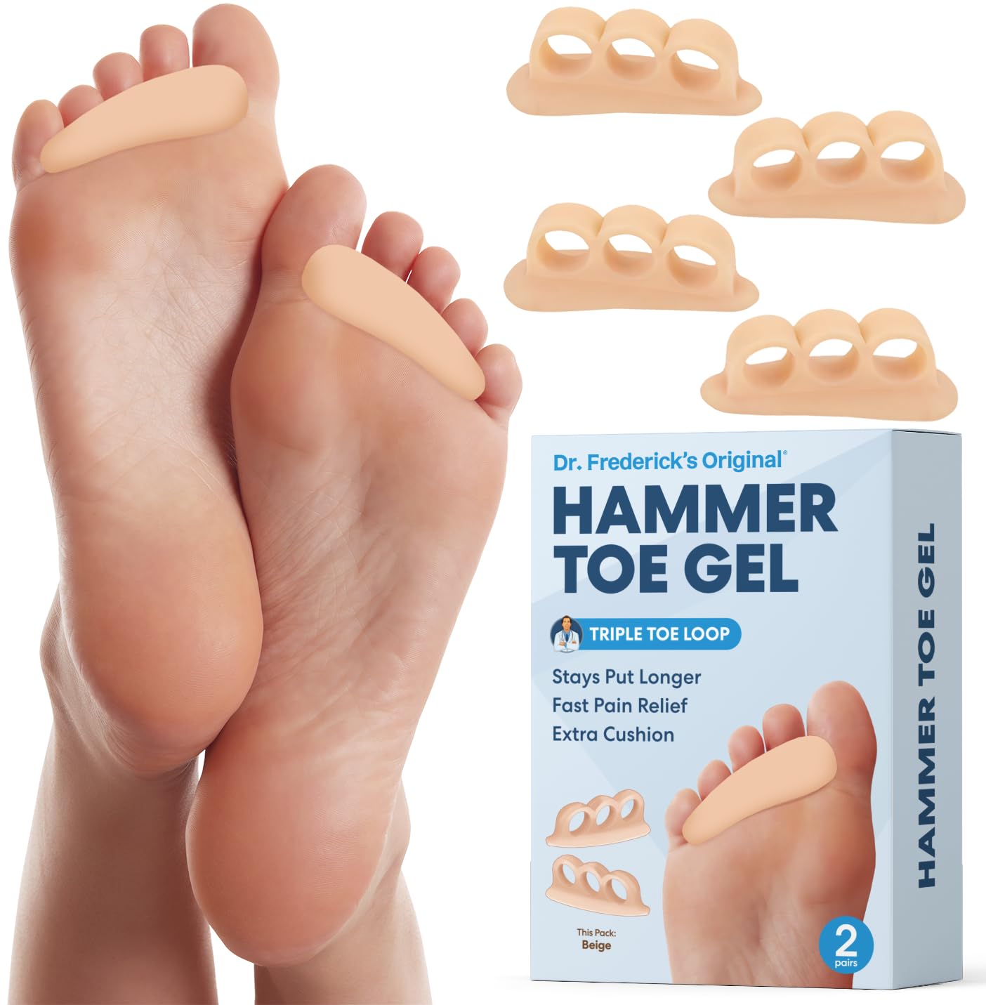 Dr. Frederick's Original Hammer Toe Corrector Gels - 2 Pairs - All-Day Relief for Crooked & Overlapping Toes - Soft Cushioning - Symptomatic Support for Toe Alignment - White - 3 Loop Design