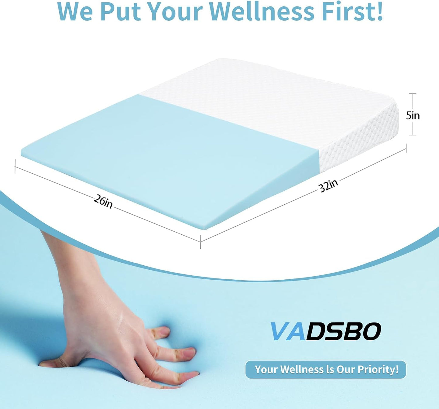 VADSBO Wedge Pillow, Bed Wedge Pillows for Sleeping, Snoring, Back Support, After Surgery, Foam Triangle Pillow, Removable Washable Cover (Gray, 5in)