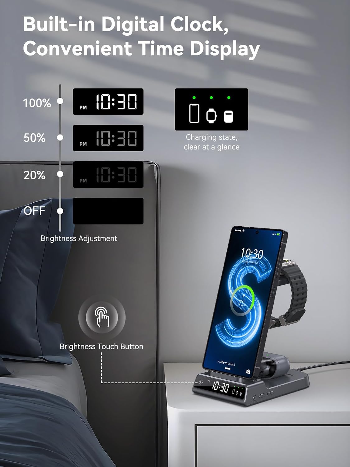 Wireless Charger for Samsung S25 with Clock 3 in 1 Android Charging Station