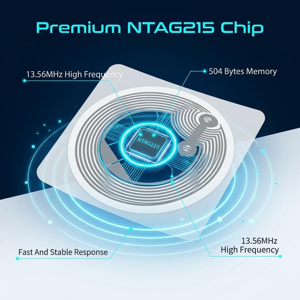 50 Pcs NTAG215 NFC Tags Sticker, Anti-Metal NFC Stickers 25mm Round