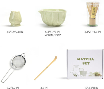 Matcha Whisk Set, Matcha Set Includes Ceramic Matcha Bowl, Bamboo Whisk, Scoop, Chasen Holder, Sifter, 5 Pcs Perfect Matcha Kit for Matcha Lover (Mottled Green)