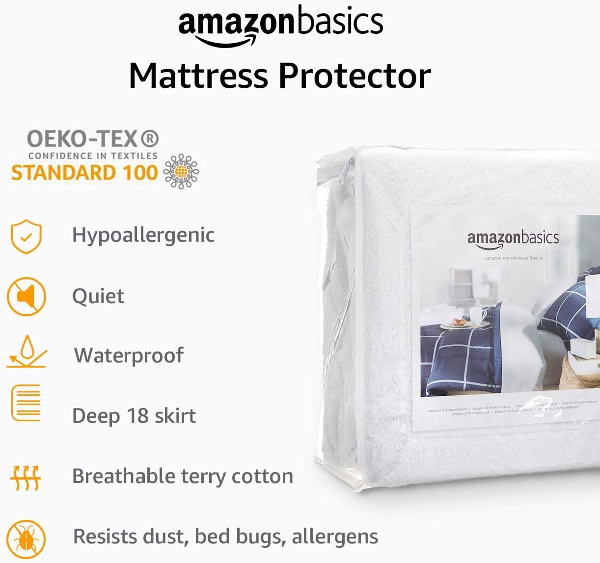 Amazon Basics Waterproof Breathable Mattress Protector, Queen Size, 18 inch Deep, Machine Washable, White
