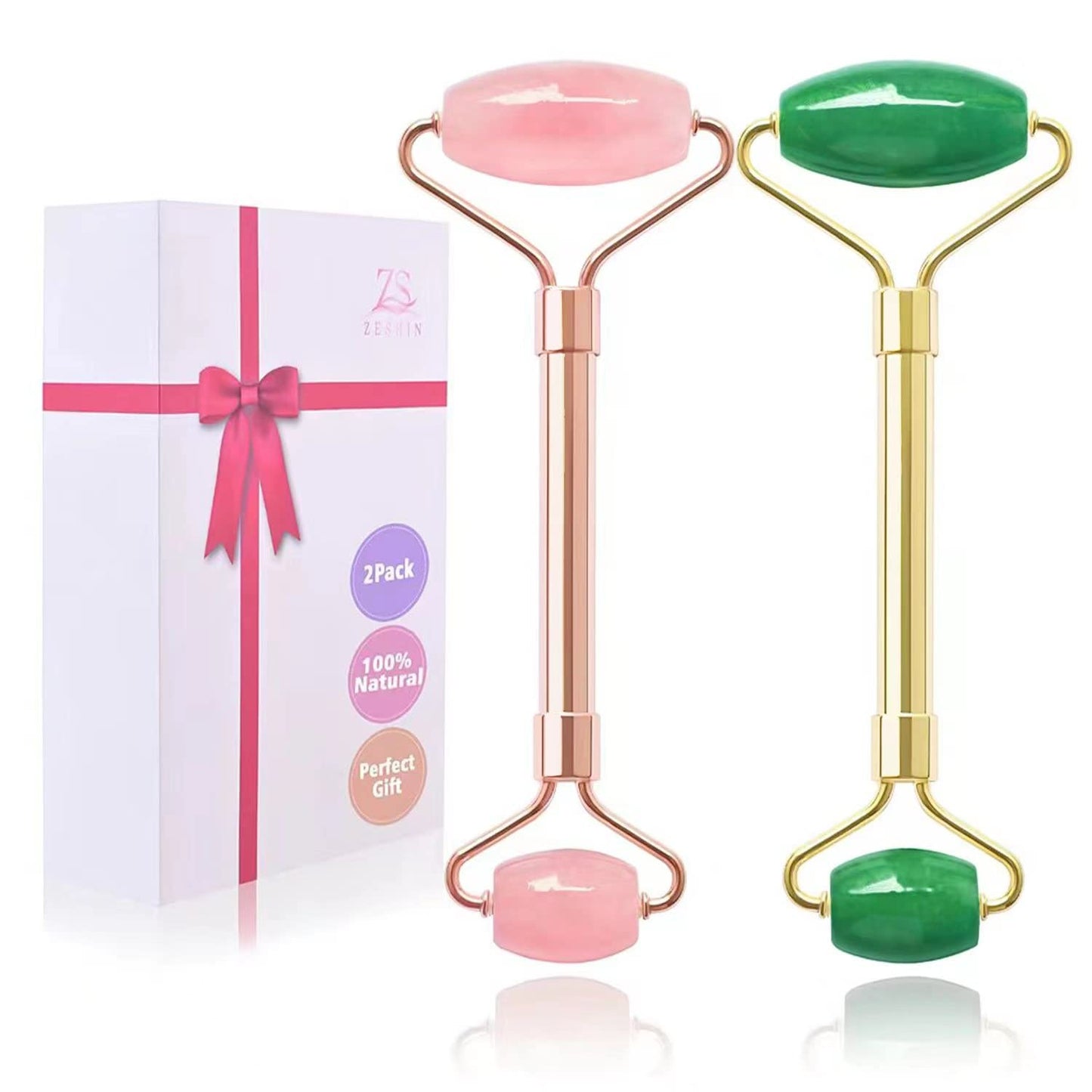 Jade Roller & GuaSha Set-Facial Beauty Roller Skin Care Tools, Rose Quartz Massager for Face, Eyes, Neck, Body to Relieve Wrinkles,Fine Line and Eyepuffiness