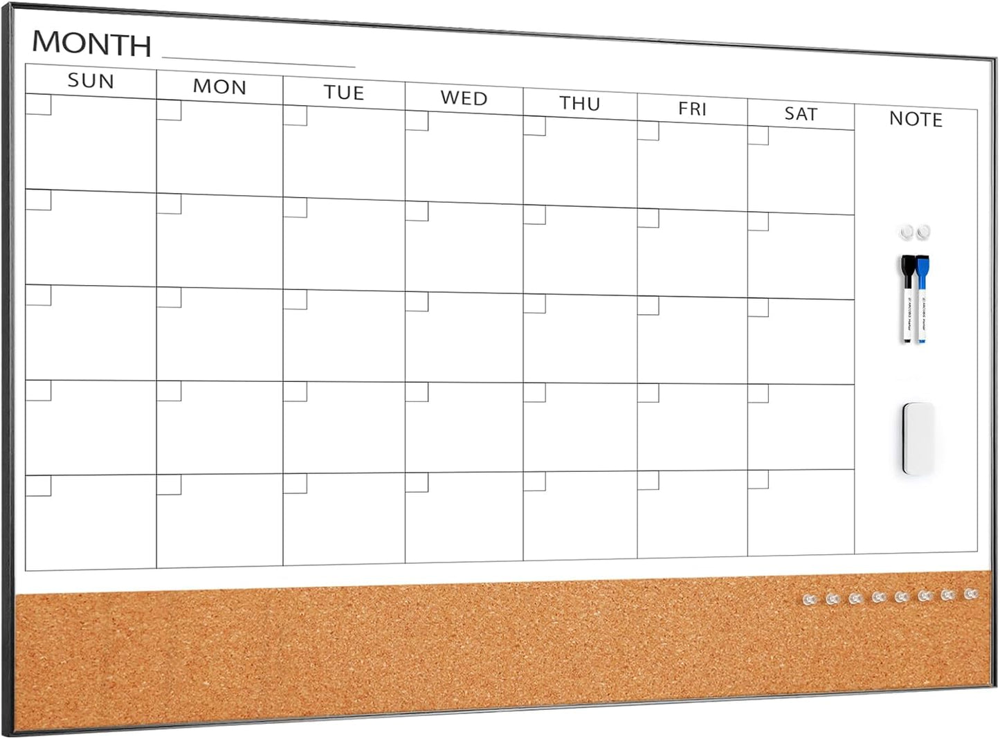 ARCOBIS Dry Erase Calendar with Cork Board for Wall, 24"x 18" Magnetic Calendar Whiteboard with Black Frame, Monthly Combination Board for School, Home, Office