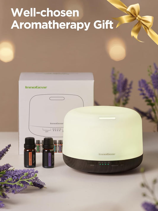 InnoGear Aromatherapy Diffuser & 10 Essential Oils Set, 500ml Essential Oil Diffuser with Remote Control Mother's Gift Ultrasonic Cool Mist Scent Humidifier Vaporizer Auto-Off Timer for Home, Yellow