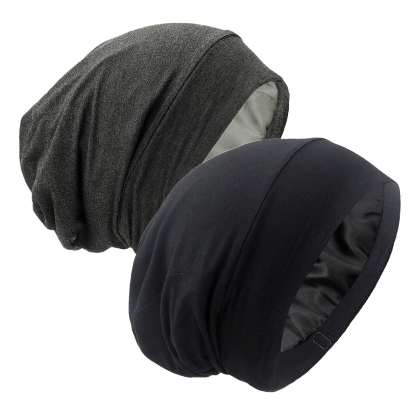 Silk Satin Lined Bonnet Sleep Cap - Adjustable Stay on All Night Hair Wrap Cover Slouchy Beanie for Curly Protection Women and Men Solid Black