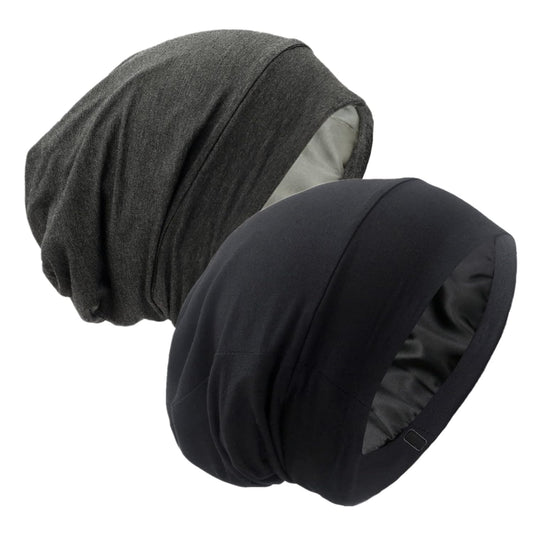 Silk Satin Lined Bonnet Sleep Cap - Adjustable Stay on All Night Hair Wrap Cover Slouchy Beanie for Curly Protection Women and Men Solid Black