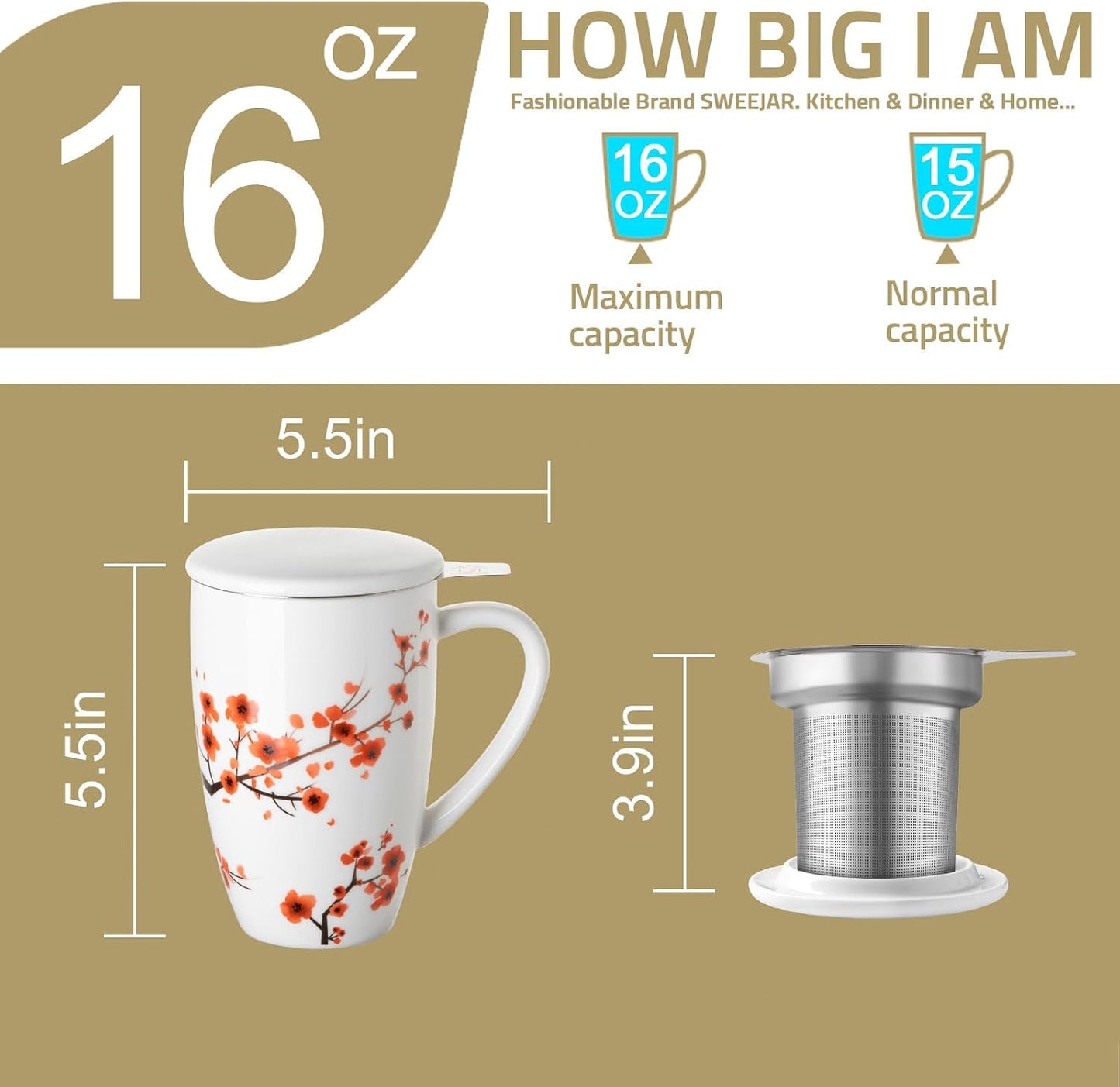 Sweejar Porcelain Tea Infuser Mug with Lid, 16 oz Teacup with Strainers for Loose Leaf Tea, Microwave and Dishwasher Safe Coffee Mug(Purple)
