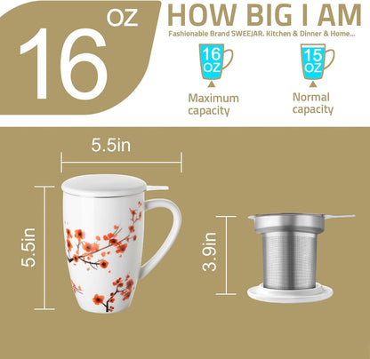 Sweejar Porcelain Tea Infuser Mug with Lid, 16 oz Teacup with Strainers for Loose Leaf Tea, Microwave and Dishwasher Safe Coffee Mug(Purple)