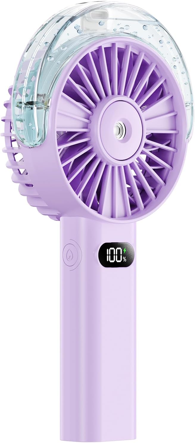 Otlonpe Handheld Misting Fan Portable, 4000mAh Rechargeable Battery Powered, Small Personal Mister Fan with Water Spray Cooling, 4-Speed Wind, LED Display, Hand Held Mist Fans for Travel Outdoor Beach