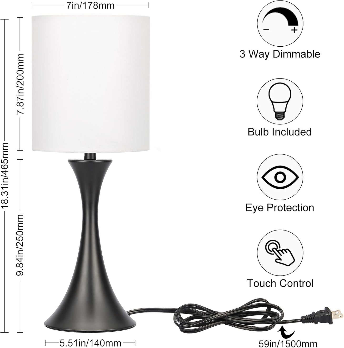3 Way Touch Control Table Lamp, Dimmable Bedside Desk Lamp with Metal Base Modern Nightstand Lamp Stylish Grey Shade Simple Side Table Lamp for Bedroom, Living Room, Office or Den LED Bulb Included