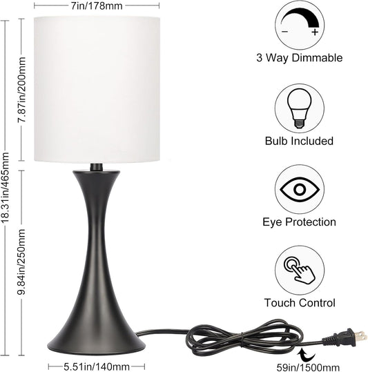 3 Way Touch Control Table Lamp, Dimmable Bedside Desk Lamp with Metal Base Modern Nightstand Lamp Stylish Grey Shade Simple Side Table Lamp for Bedroom, Living Room, Office or Den LED Bulb Included