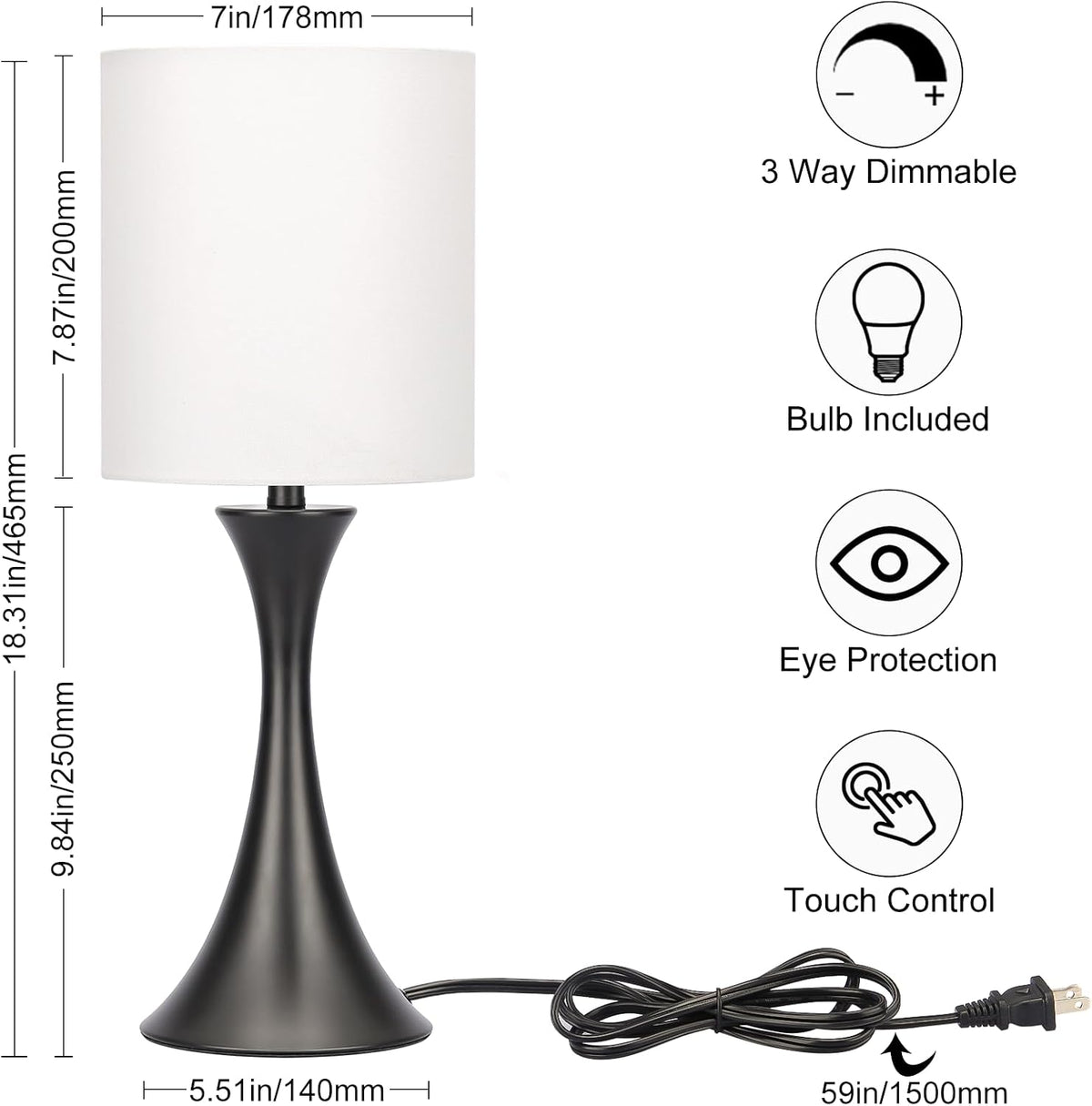 3 Way Touch Control Table Lamp, Dimmable Bedside Desk Lamp with Metal Base Modern Nightstand Lamp Stylish Grey Shade Simple Side Table Lamp for Bedroom, Living Room, Office or Den LED Bulb Included