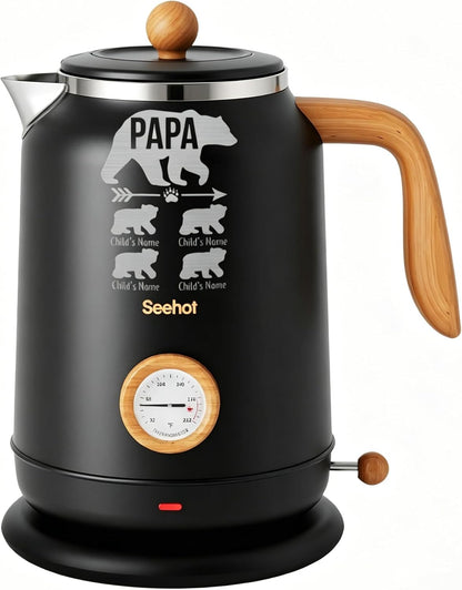 Seehot® Electric Kettle With Thermometer, 1.7L Electric Tea Kettle, 1200W Hot Water Kettle Electric, Auto Shutoff, Boil-Dry Protection, 304 Stainless Steel, Cordless Base, Black
