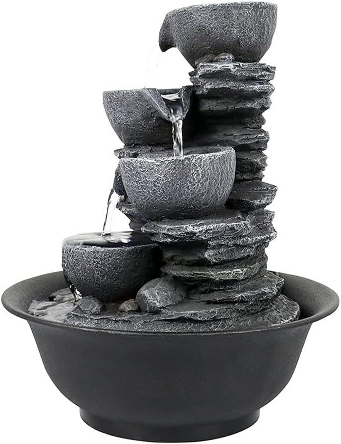 15.7” High Rock Falls Tabletop Water Fountain with LED Lights - Indoor 5-Tier Cascading Fountain for Home and Office Decor (Gray_3, 15.7" high)