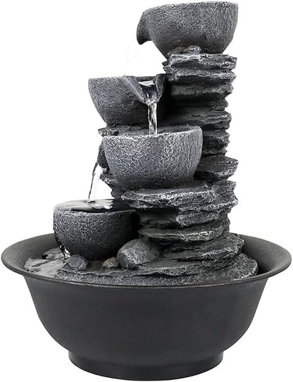 15.7” High Rock Falls Tabletop Water Fountain with LED Lights - Indoor 5-Tier Cascading Fountain for Home and Office Decor (Gray_3, 15.7" high)
