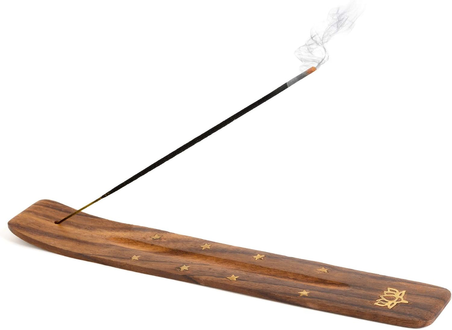 Wooden Incense Holder for Sticks with Inlays of Brass Crescent Moon 10 inches Long