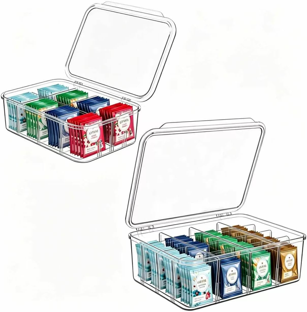 Tea Bag Organizer, 2 Pcs Clear Tea Organizers, Acrylic Storage Box with Lids, Stackable Partition Holder for Drawers, Countertops, Fridge, Kitchen (16 Compartments + 8 Compartments)