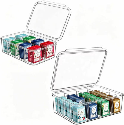 Tea Bag Organizer, 2 Pcs Clear Tea Organizers, Acrylic Storage Box with Lids, Stackable Partition Holder for Drawers, Countertops, Fridge, Kitchen (16 Compartments + 8 Compartments)