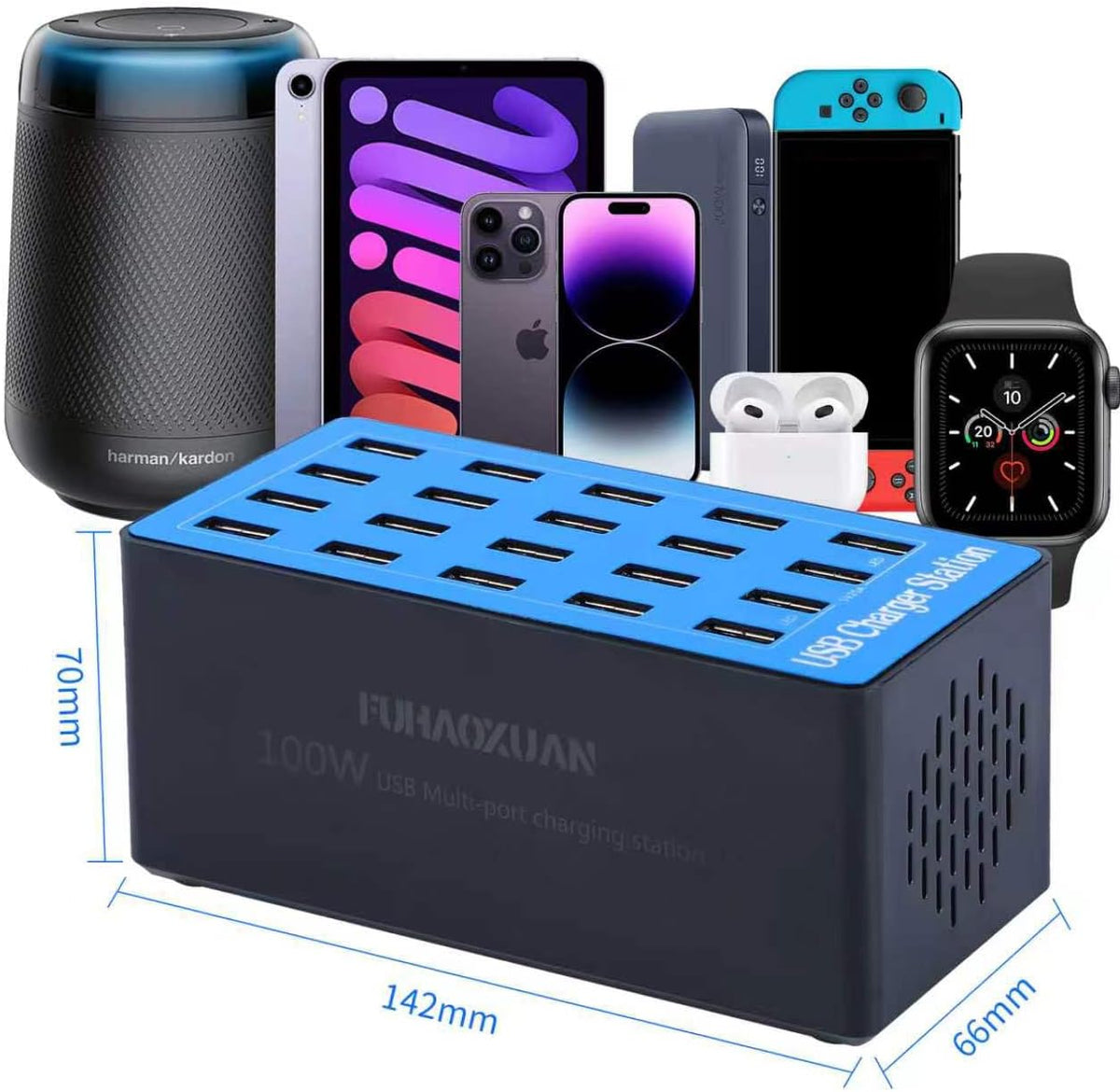 Charging Station, 100W 20-Port USB Multi Device Charger Hub with Intelligent Safety Features, Compact Power Strip for Phones, Watches, Pads, Speakers, Headphones & PS, Ideal for Home Office & Travel