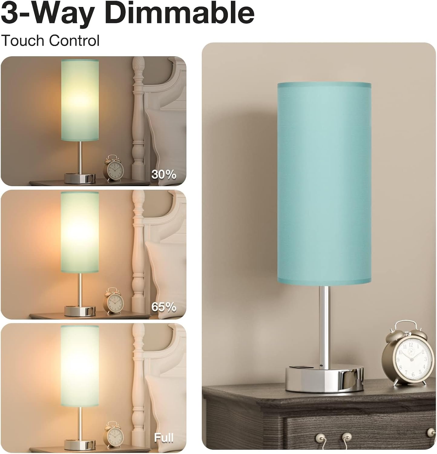 Dicoool Touch Table Lamp for Bedroom, 3 Way Dimmable Bedside Lamp with USB C & A Charging Ports - Small Desk Lamp for Dorm Room, College, Kids, Office, Living Room, White