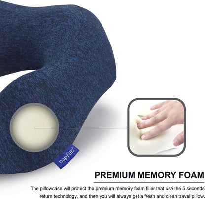 napfun Neck Pillow for Traveling, Upgraded Travel Neck Pillow for Airplane 100% Pure Memory Foam Travel Pillow for Flight Headrest Sleep, Portable Plane Accessories, Light Grey