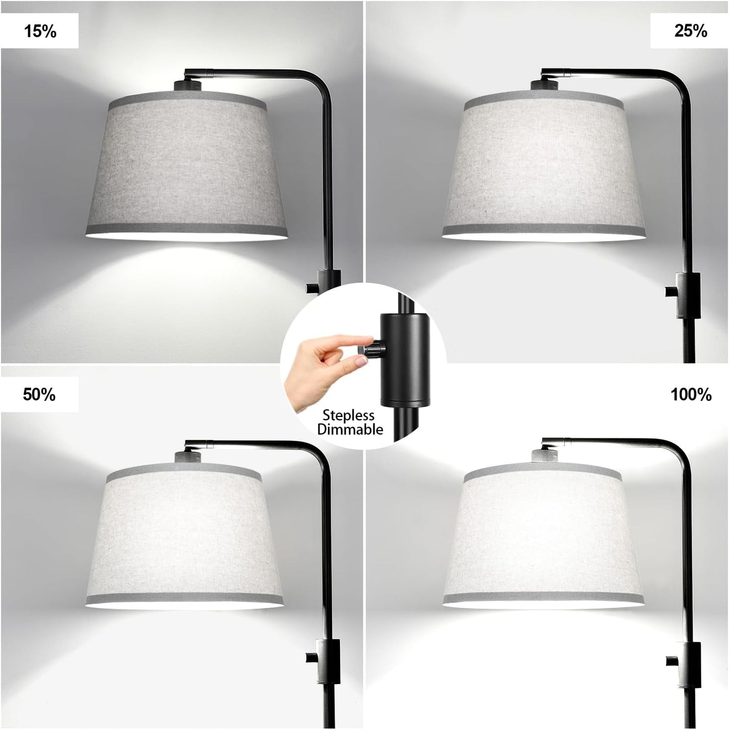 【Upgraded】 Dimmable Floor Lamp, 1000 Lumens LED Edison Bulb Included, Arc Floor Lamps for Living Room Modern Standing Lamp with Linen Shade, Tall Lamp for Bedroom Office Dining Room- Black