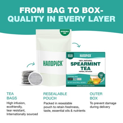 HANDPICK Spearmint Tea (100 Tea Bags) Fresh Natural Mint Leaves, Non GMO