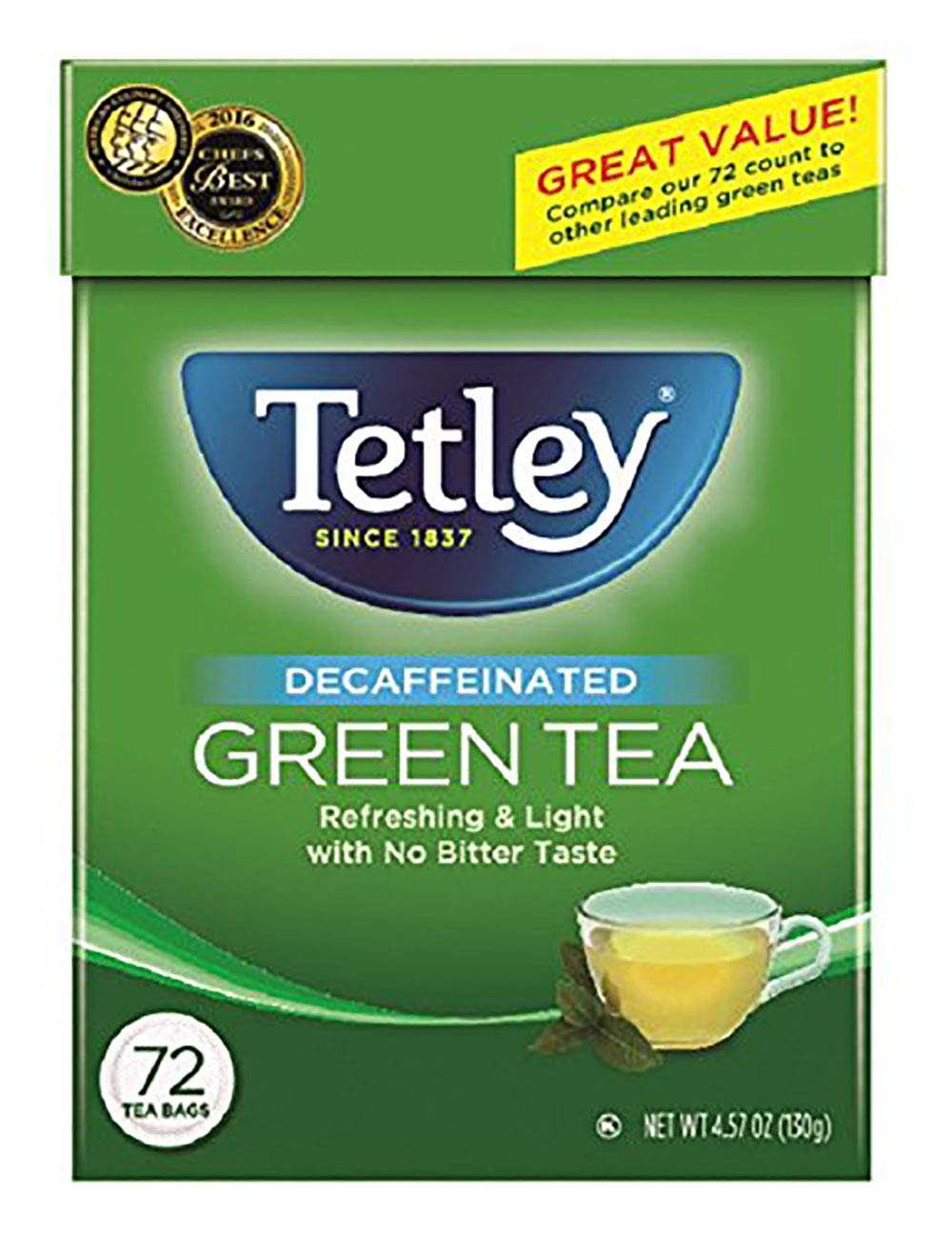 Tetley, Decaffeinated Green Tea, 72 Count (Pack of 6), Hot or Iced, Light, Smooth Green Tea, Decaffeinated