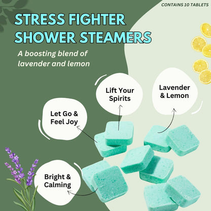 Stress Fighter Shower Steamers Aromatherapy for Relaxing - USA Made Mothers Day Gift for Mom - Lavender & Lemon Shower Bomb Tablets – Soothing Natural Essential Oils (10 Pack)