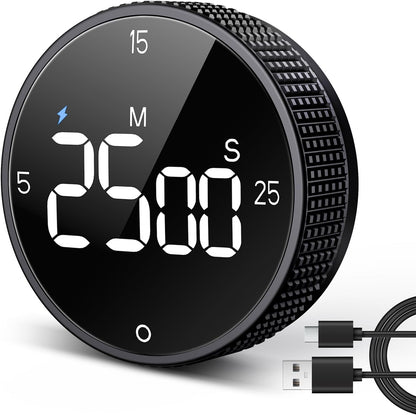 USB Rechargeable Magnetic Kitchen Timer for Cooking, Building 800mAh Battery Large Display Digital Countdown Countup Timer, 3 Preset 5/15/25 Mins Loud Alarm for Baking Grilling Studying