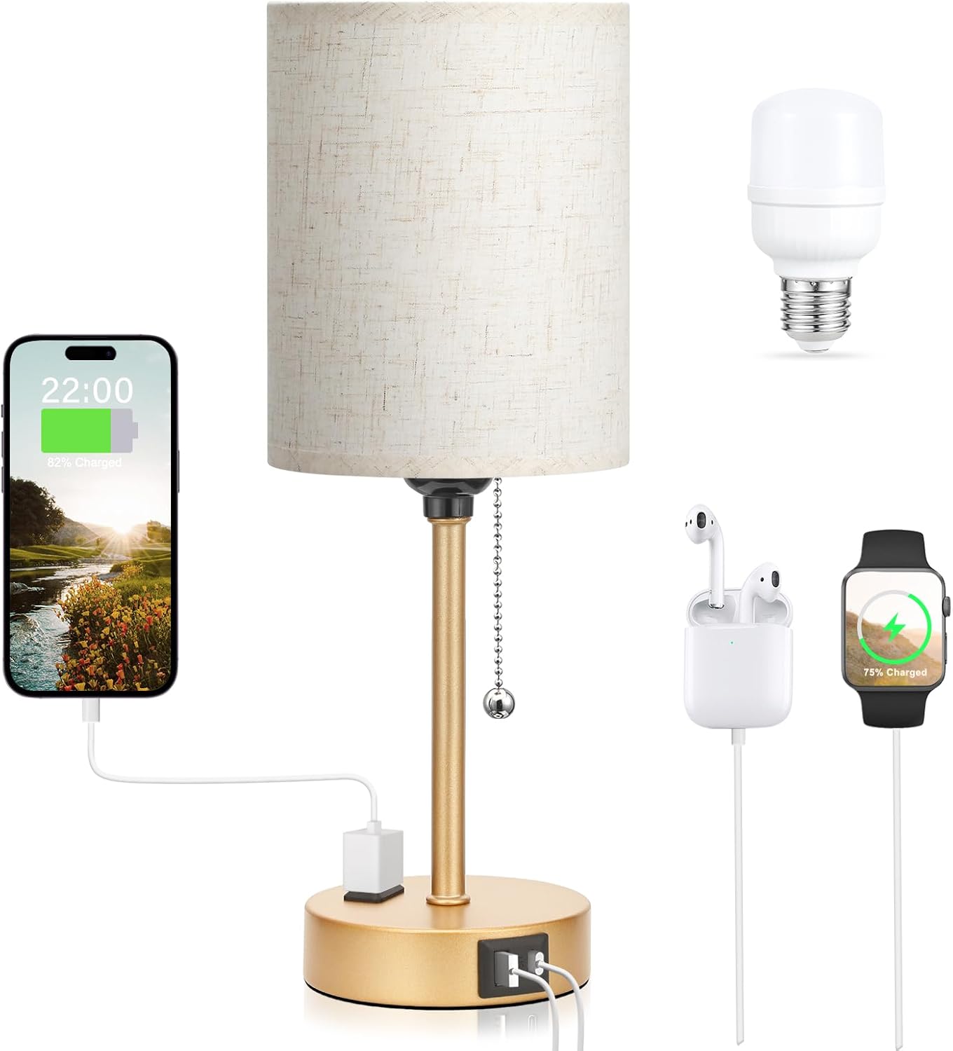 Small Bedside Table lamp for Bedroom - 3 Color Temperatures Bedside Lamps with USB C and A Ports, Pull Chain Table Lamps with AC Outlet, White Nightstand Lamps with Black Metal Base for Kids Reading