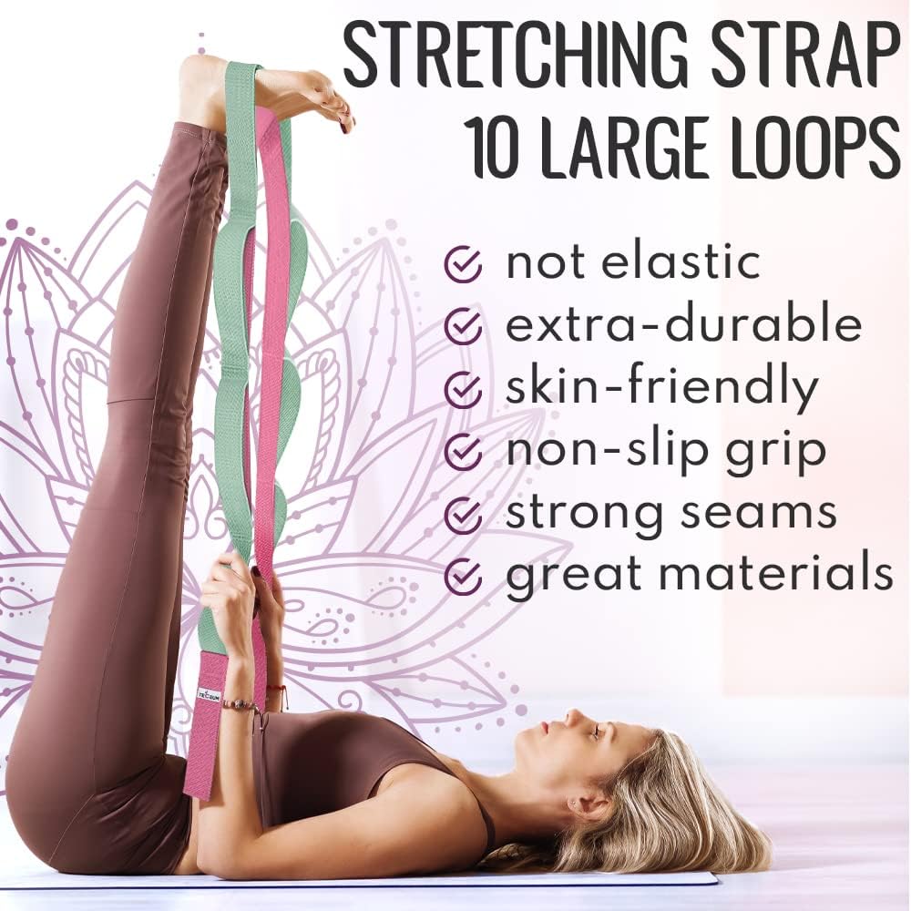 TECEUM Stretching Strap with 10 Loops for Physical Therapy & Rehab | Non-Elastic Yoga Stretch Band for Hamstring, Leg, Hip & Knee Rehab, Pilates, Flexibility & Mobility Exercises for Men & Women