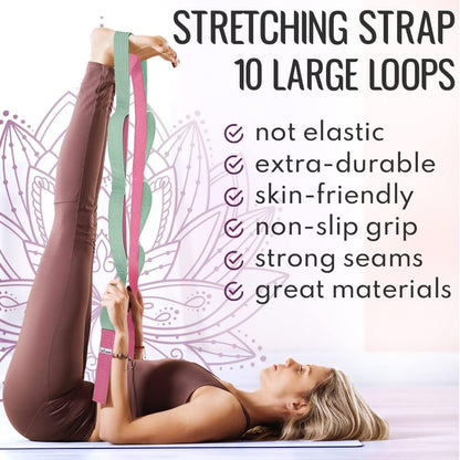 TECEUM Stretching Strap with 10 Loops for Physical Therapy & Rehab | Non-Elastic Yoga Stretch Band for Hamstring, Leg, Hip & Knee Rehab, Pilates, Flexibility & Mobility Exercises for Men & Women