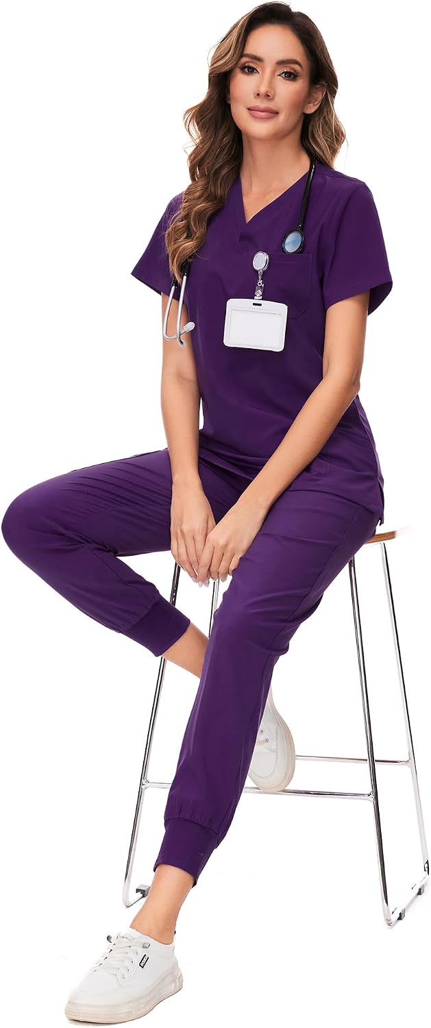 COZYFIT Scrubs for Women Set - Stretch V-Neck Scrub Top & Jogger Pant with 8 Pockets COZY SCRUBS - Colors D