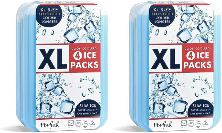 Cool Coolers by Fit & Fresh 4 Pack XL Slim Ice Packs, Quick Freeze Space Saving Reusable Ice Packs for Lunch Boxes or Coolers