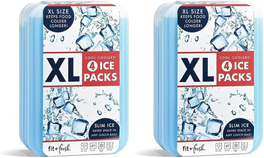 Cool Coolers by Fit & Fresh 4 Pack XL Slim Ice Packs, Quick Freeze Space Saving Reusable Ice Packs for Lunch Boxes or Coolers