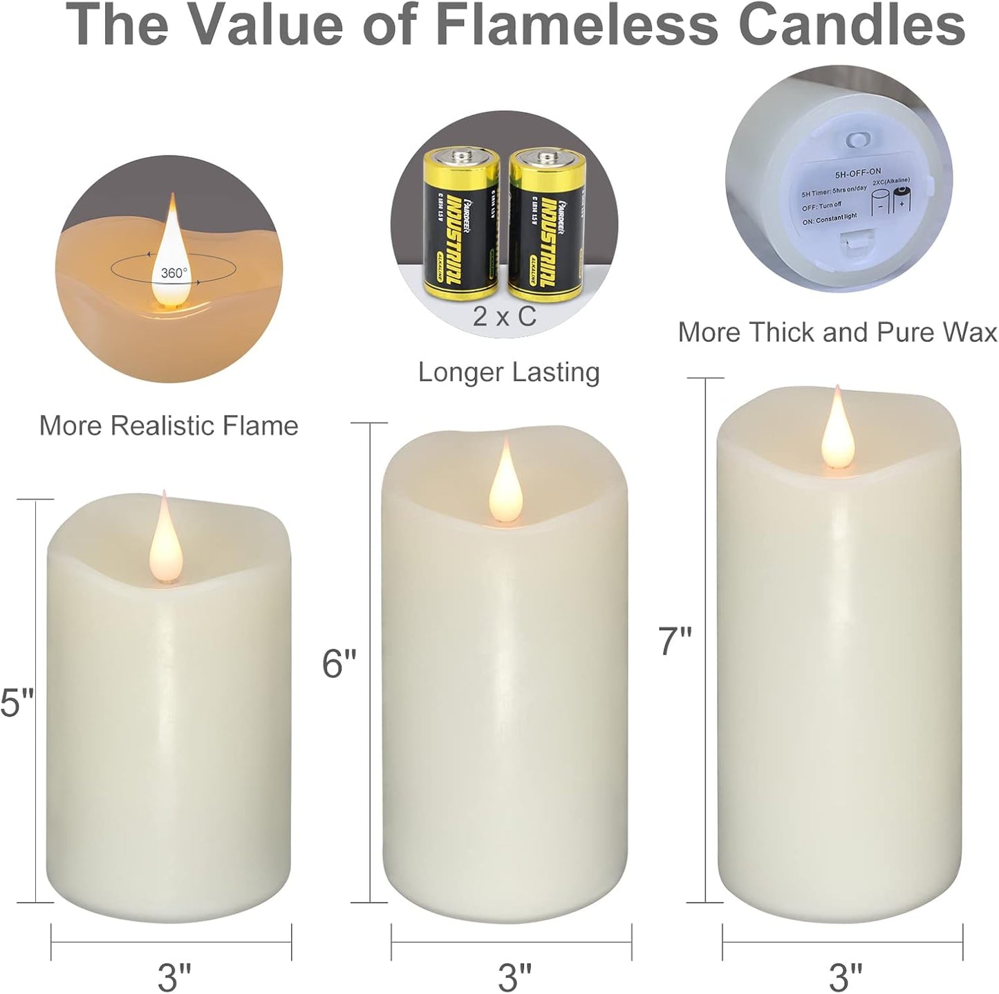 TECHLONG Flickering Flameless Candles with 3D Moving Flame, Last 1000+ Hours Battery Operated Candles with Timer, Ivory Real Wax Pillar Electric LED Candle for Wedding Christmas Party/3" x 5"