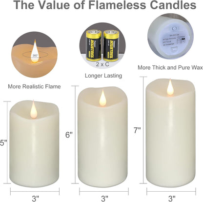 TECHLONG Flickering Flameless Candles with 3D Moving Flame, Last 1000+ Hours Battery Operated Candles with Timer, Ivory Real Wax Pillar Electric LED Candle for Wedding Christmas Party/3" x 5"
