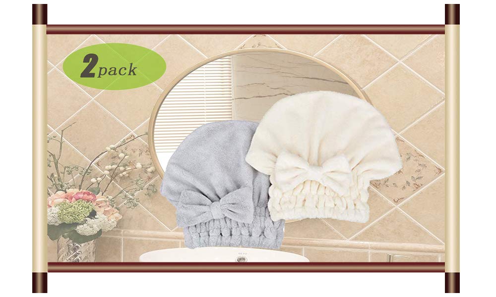 Microfiber Hair Drying Towels Head wrap with Bow-Knot Shower Cap Hair Turban hairWrap Bath Cap for Curly Long & Wet Hair Gift for Women Blackx2