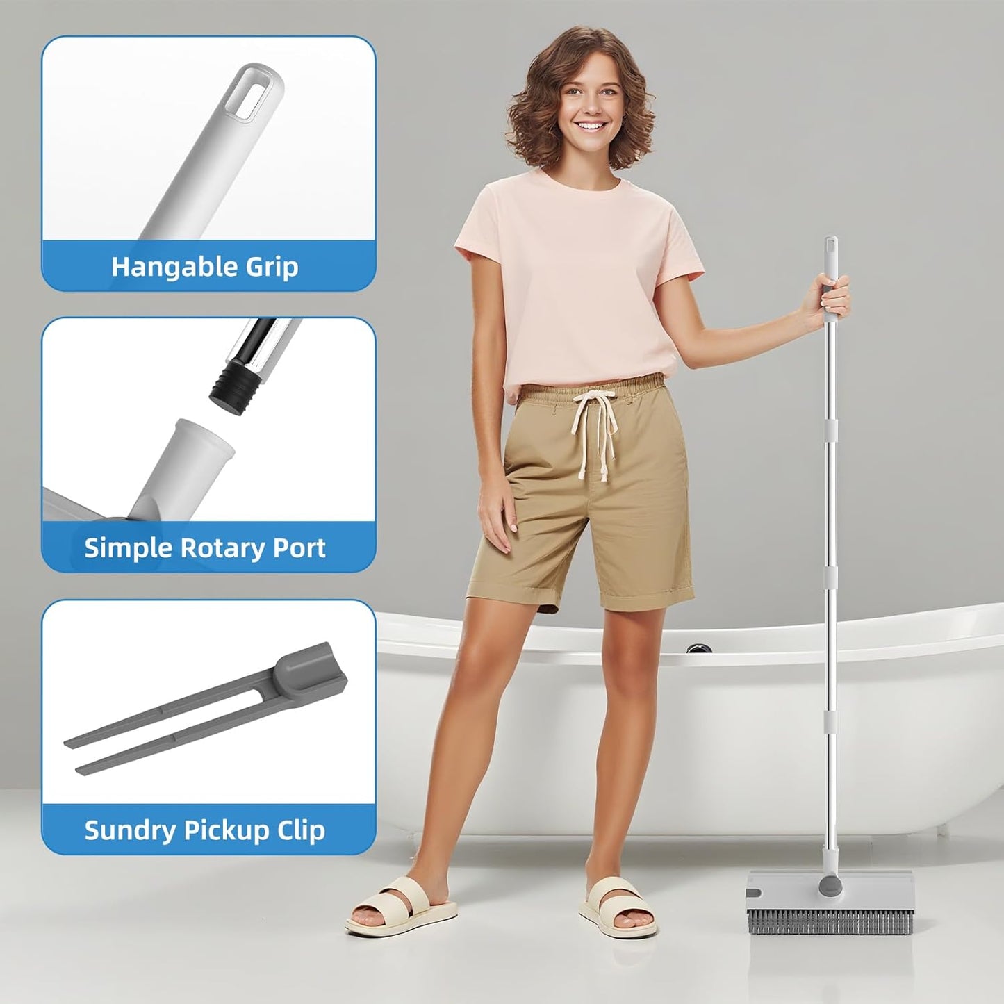 Scrub Brush with Long Handle, Floor Scrub Brush Squeegee Broom for Cleaning, 3 in 1 Shower Scrubber Floor Broom Squeegee for Concrete Tile Wall Deck Patio Grey