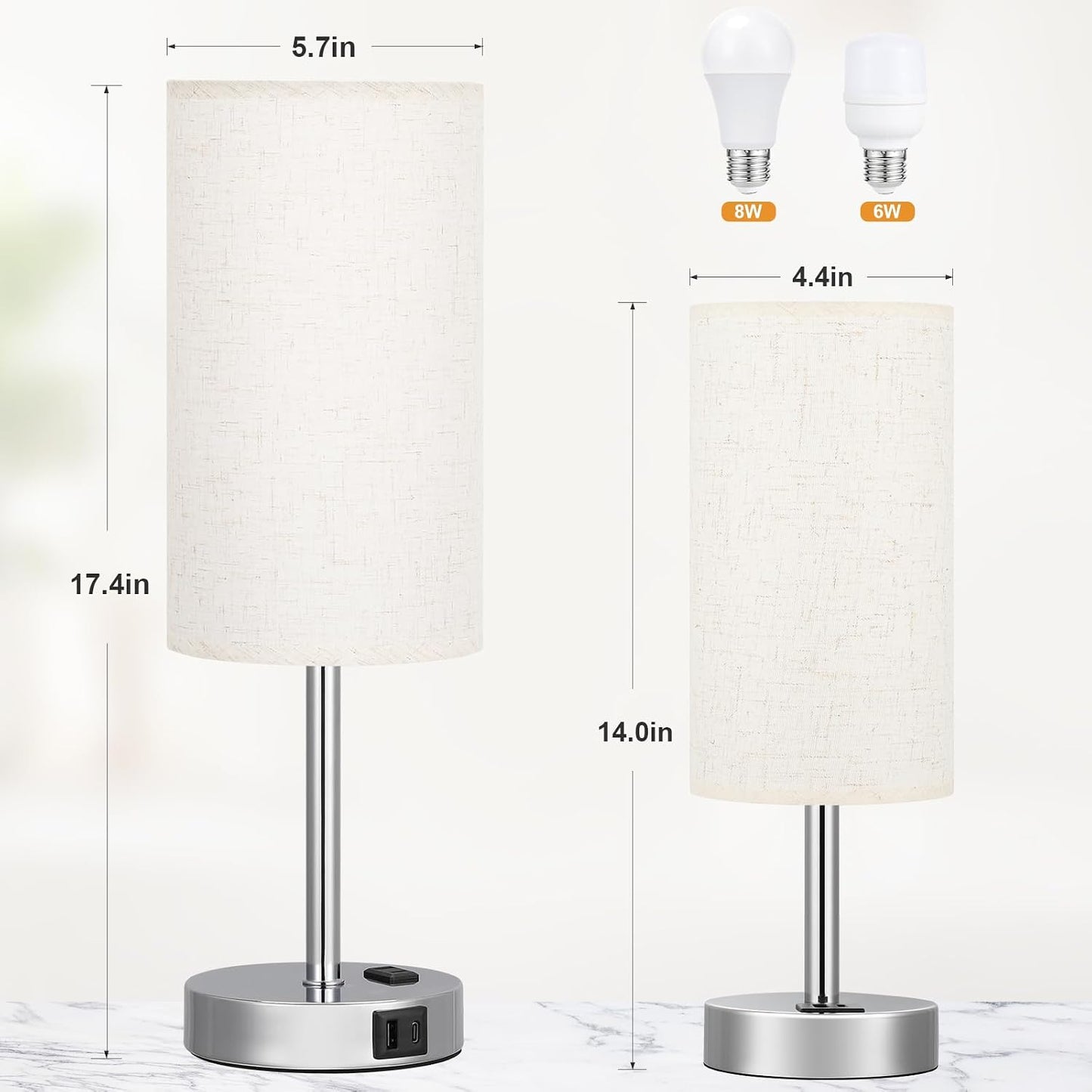 Dicoool Touch Table Lamp for Bedroom, 3 Way Dimmable Bedside Lamp with USB C & A Charging Ports - Small Desk Lamp for Dorm Room, College, Kids, Office, Living Room, White