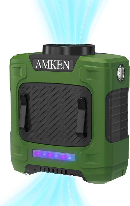 AMKEN Waist Fan, 10000mAh Rechargeable Belt Clip Fan, 59ft/s Airflow, 6-Speed 19000RPM Wearable Cooling with Bottom Air Intake, LED SOS Warning Light, Charge 2 Phones for Jobsite Camping