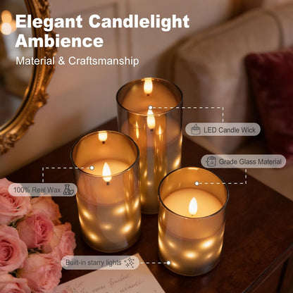 LEDHOLYT Rechargeable Flameless Glass Pillar Candles–Gifts for Women,–Set of 3, Realistic Flickering LED Flame,Remote & Timer, Ideal for Living Room, Bedroom & Halloween Festival Home Party Decor
