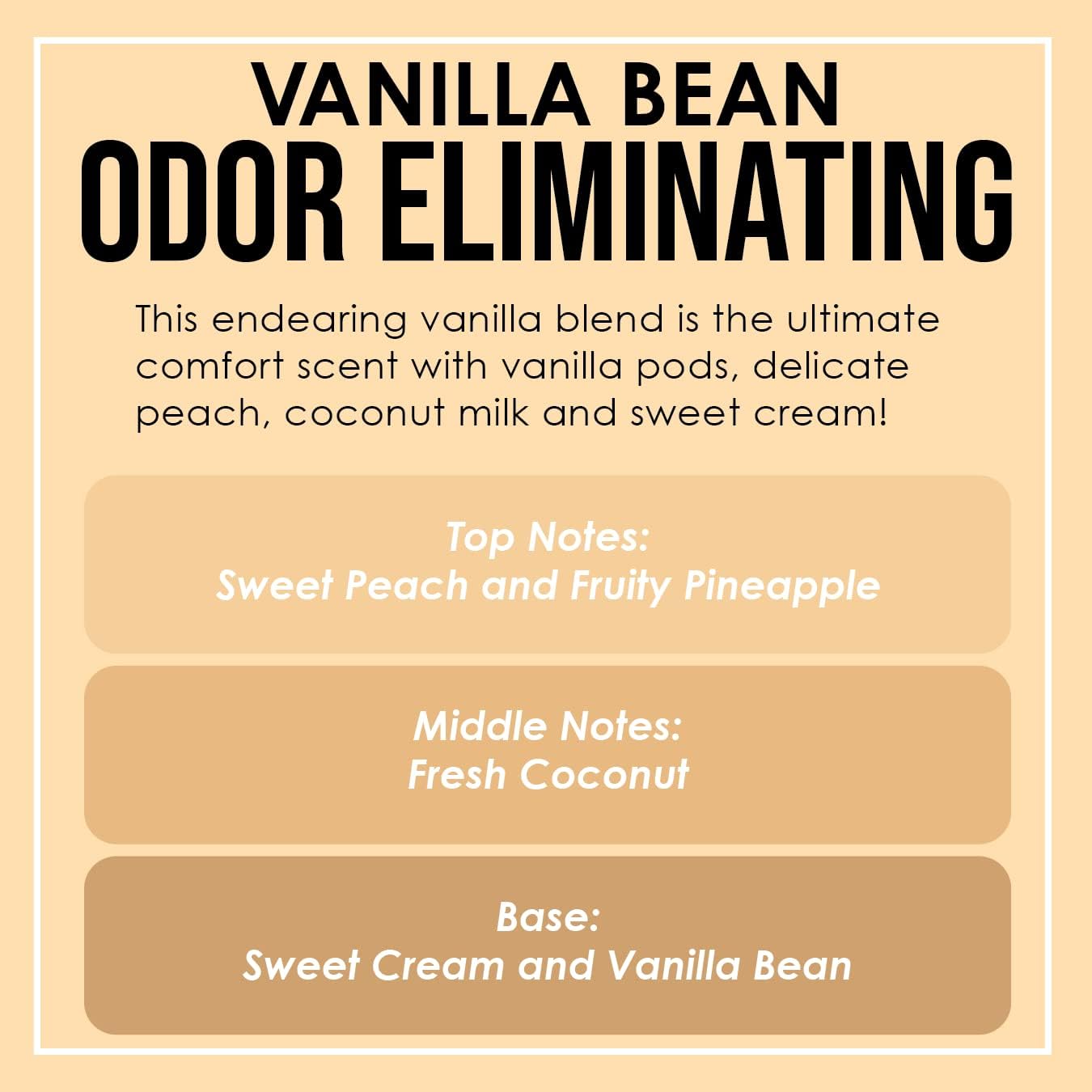 Vanilla Bean Odor Eliminating Highly Fragranced Candle - Eliminates 95% of Pet, Smoke, Food, and Other Smells Quickly - Up to 80 Hour Burn time - 12 Ounce Premium Soy Blend - Colors A