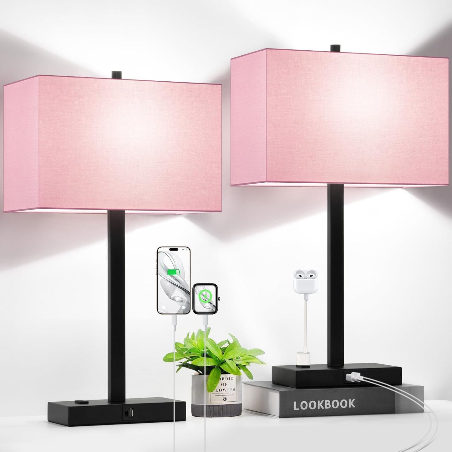 21" Touch Bedside lamps with 2 USB & AC Outlets, 3-Way Dimmable Bedside Table Lamps Set of 2 for Bedroom Living Room Office Reading, Gray Shade Lamps for Night Stands, 5000K LED Bulbs Included