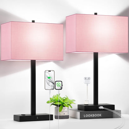 21" Touch Bedside lamps with 2 USB & AC Outlets, 3-Way Dimmable Bedside Table Lamps Set of 2 for Bedroom Living Room Office Reading, Gray Shade Lamps for Night Stands, 5000K LED Bulbs Included