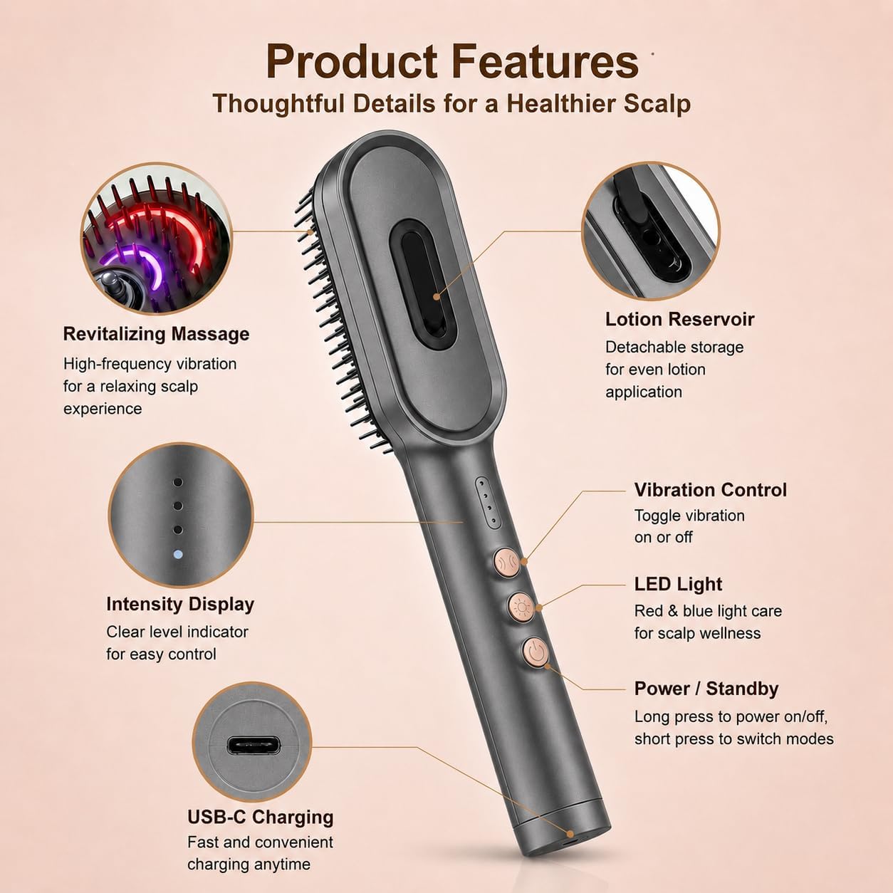 Dayln Electric Scalp Massager Hair Oil Applicator, Cordless Vibration Head Massager, Red Light Hair Brush, Deep Clean Comb for Home & Travel Silver
