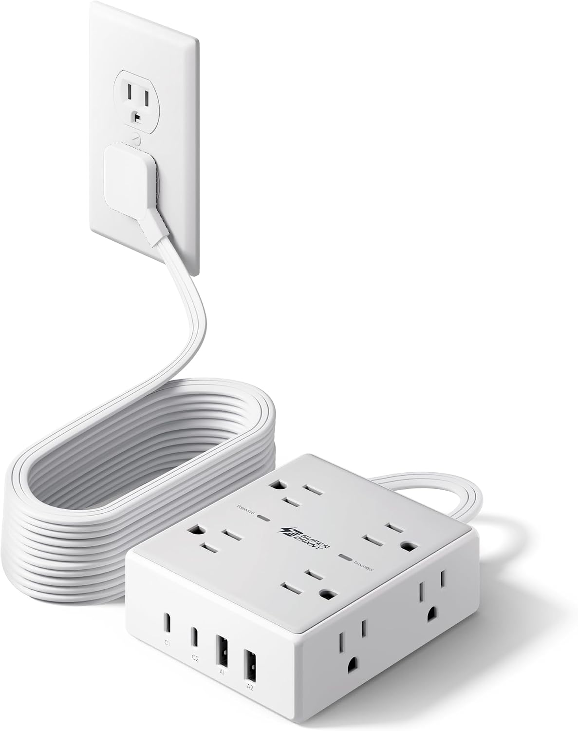 SUPERDANNY Extension Cord,Flat Plug Surge Protector Power Strip,10Ft
