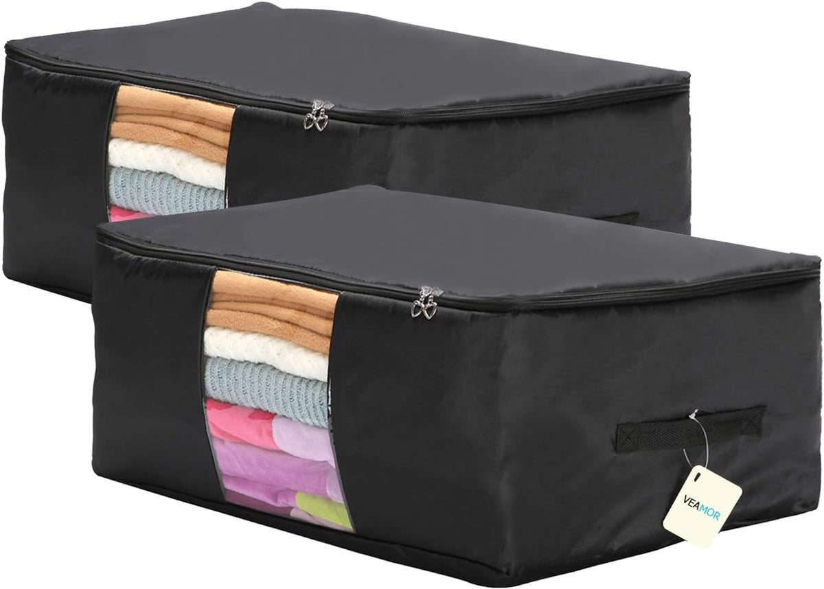Blanket Storage Bags Pillow Bedspread Bedding Clothes Organizer Storage Containers With Zippers Breathable and Moistureproof. (Navy blue 2pcs, L)